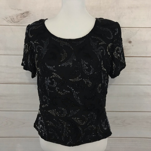 Beeta Grover SCALA Black Beaded Silk Top Size XL - Picture 1 of 8